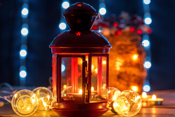 Christmas lantern with candle in studio