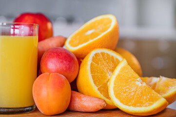 Orange juice with fresh and raw fruit