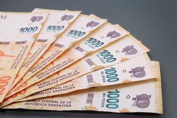 Argentine Money, Currency of Argentine, Pesos argentinos. Stack of several thousand Argentine pesos banknotes, thousand pesos cash bills on dark background.