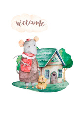 Cute happy birthday card with cartoon Mouse mother. Watercolor rabbit clip art and beauty boho pink flowers, floral on white background