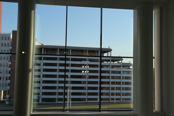 office transparent glass with buidling view
