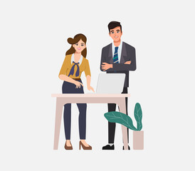 Obraz premium Brainstorming teamwork character. Business people teamwork office character. Animation for motion. Colleague seminar meeting. Co-working space office interior.