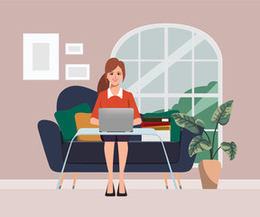 Businesswoman working with laptop at sofa room. Work anywhere concept. Flat vector character design.