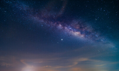 beautiful, wide blue night sky with stars and Milky way galaxy. Astronomy, orientation, clear sky concept and background.