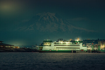 Washington State Ferry, night, Mt. Rainier in the background