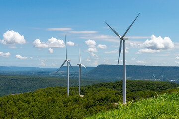 The landscape of electricity generating turbines on the mountains.