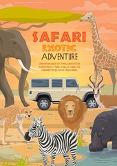 African safari, vector hunting sport and animals. Lion, elephant and antelope, hippo, giraffe and zebra, cheetah or leopard animals and hunter car, African safari tour and savannah adventure themes - obrazy, fototapety, plakaty