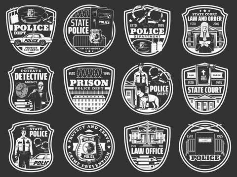 Law and order icons of vector police, law office, detective, prison and court design. Police officer, jail and court, judge gavel, sheriff badge, policeman cap and scale of justice, handcuffs and car
