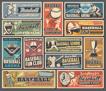 Baseball sport retro posters with vector balls, bats and players. Basketball team sport game play league tournament trophies or champion cups, stadium field with base and equipment, cap, glove, jersey
