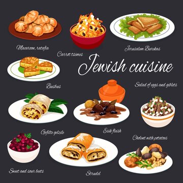 Jewish cuisine meat, vegetable dishes with desserts, vetor food. Potato cholent and beef with prunes, chicken giblets and beet salads, apple strudel, tsimes and almond cookies, cheese pastry and cake