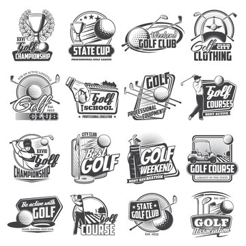 Golf sport icons with isolated vector balls, clubs, tee, holes and flags, golfer players, cart and grass course, championship winner trophy cups and club bag. Monochrome emblems, sporting design