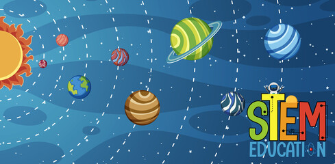 Stem education logo and solar system planets on background