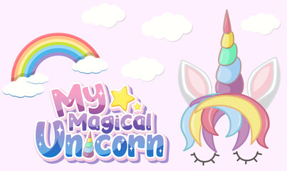 Fototapeta na wymiar My magical unicorn logo in pastel color with cute unicorn and rainbow