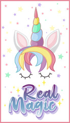 Real magic logo in pastel color with cute unicorn and star confetti