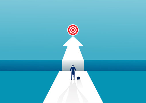 Businessman standing with thinking overcomes obstacle chasm on way to success. Achievement and challenge, businessman obstacle overcoming