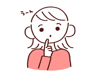 顔に指をあて考える若い女性