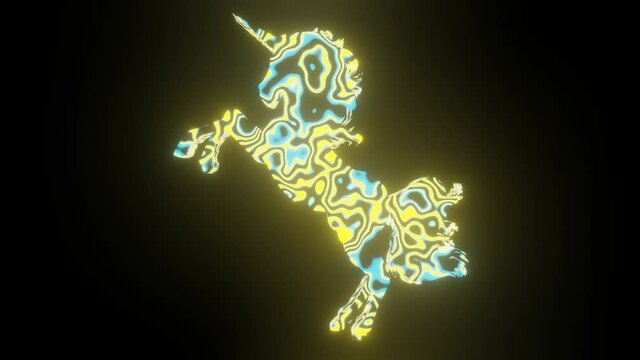 HD video of beautiful texture or pattern formation on the majestic unicorn body shape, isolated on black background. 3d rendering abstract loop animation neon lighting effect on unicorn horse.