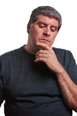 A sad, pensive man with a black T-shirt