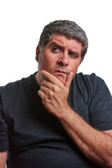 Thoughtful man with a black t-shirt idea