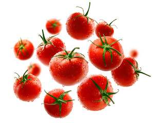 Red tomatoes levitate on a white background