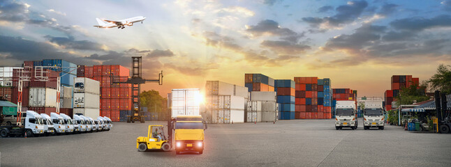Logistics and transportaIndustrial Container Cargo freight ship, forklift handling container box...