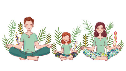Mother, father and daughter doing yoga in lotus position. Family yoga vector illustration
