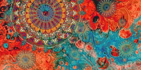 Fotobehang Mandala mandala kleurrijke donkere ogen vintage kunst, oude Indiase vedische achtergrondontwerp, oude schilderij textuur met meerdere wiskundige vormen