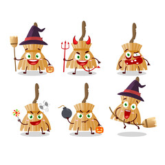 Halloween expression emoticons with cartoon character of witch broom