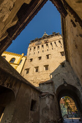 Entrance to citadel with Sighisoara Clock Tower in view