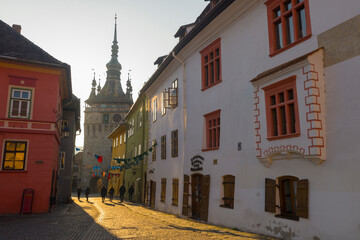Early morning inside medieval citadel of Sighisoara, Romania