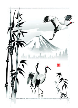 Japanese Cranes on a background of mountains and bamboo stems. Vector illustration in traditional oriental style. Hieroglyphs - Beauty in nature.