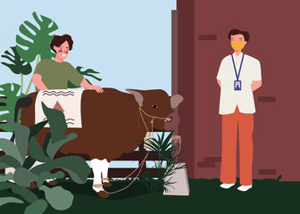 Man carrying cow to vet for medical examination with flat cartoon style.