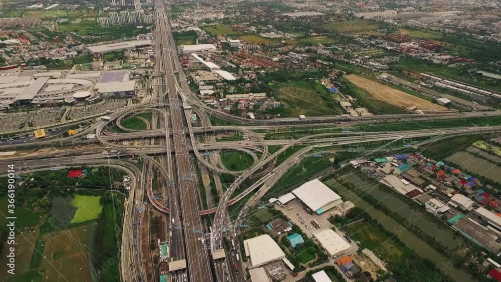 Poster Logistic concept aerial view of futuristic autonomous traffic on the elevated expressway with driverless cars using artificial intelligence computer network and satellite gps for navigation