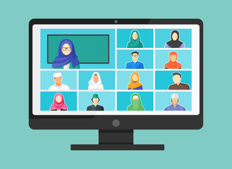 Muslim or Arab Online Class. School Learn Study from home via Teleconference Web Video Conference Call During Coronavirus COVID-19 Pandemic Display on PC Screen. Middle East College Test or Course