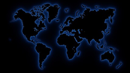 Fototapeta na wymiar World map in blue neon on black, geopolitics concept, war room. Digital 3D render.