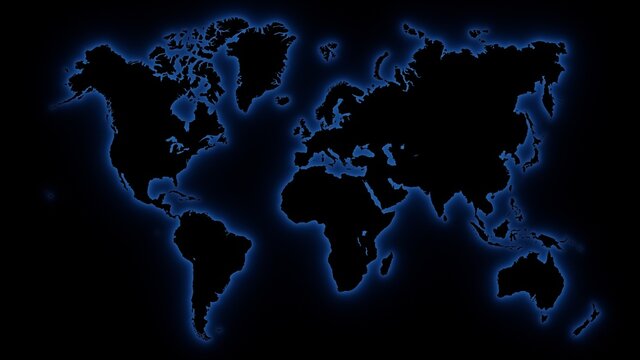 World map in blue neon on black, geopolitics concept, war room. Digital 3D render.