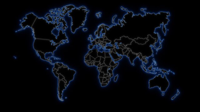 World map in blue neon on black with international political divisions. Geopolitics concept, war room. Digital 3D render.
