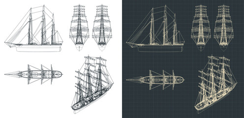 Large sailing ship drawings with the sails down