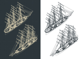 Large sailing ship isometric drawings with the sails down