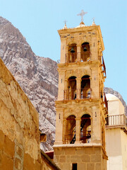 Bell Tower at UNESCO World Heritage Site of Saint Catherine Monastery at the foot of  Mount Sinai on the Sinai Peninsula. Mount Sinai  is a possible location of the biblical Mount Sinai