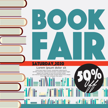 50 Percent Off Book Fair Festival Poster For Advertising Concept Vector Illustration.