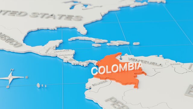 Simplified 3D map of South America, with Colombia highlighted. Digital 3D render.