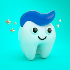 3d illustration of a white tooth character and gold sparkles