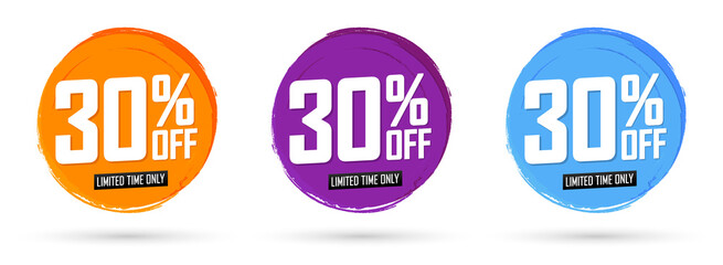 Set Sale 30% off banners, discount tags design template, grunge brush, vector illustration