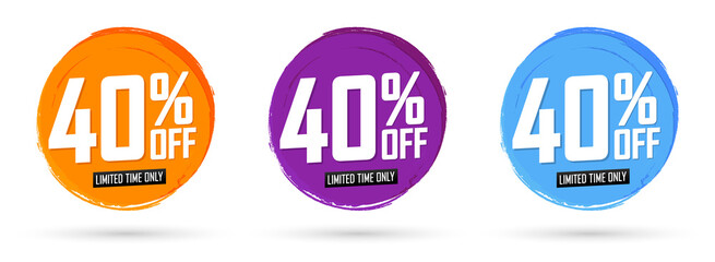 Set Sale 40% off banners, discount tags design template, grunge brush, vector illustration