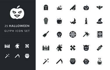 25 Icon Set HALLOWEEN - You will get premium icon designs such as: Potion, Zombie, Frankenstein, Sickle, Wizard, Candy, Evil, Danger, Voodoo Doll, Haunted House, Magic Book, Axe, Spider Web, Skull, Br