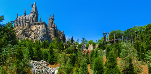 Naklejka premium Orlando, Florida, USA - May 09, 2018: The Hogwarts Castle at The Wizarding World Of Harry Potter in Adventure Island of Universal Studios Orlando.