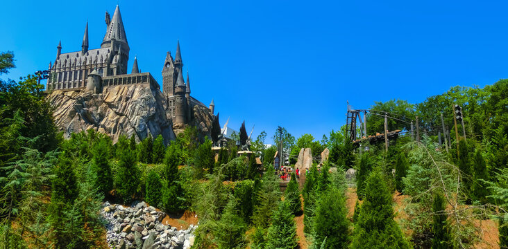 Orlando, Florida, USA - May 09, 2018: The Hogwarts Castle at The Wizarding World Of Harry Potter in Adventure Island of Universal Studios Orlando.