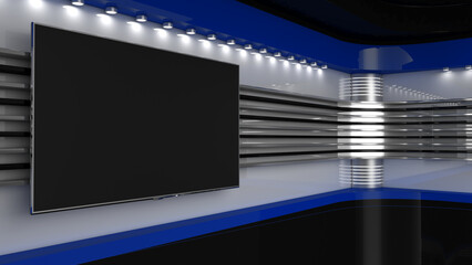 Tv Studio. Backdrop for TV shows. TV on wall. News studio. The perfect backdrop for any green screen or chroma key video or photo production. 3D rendering.