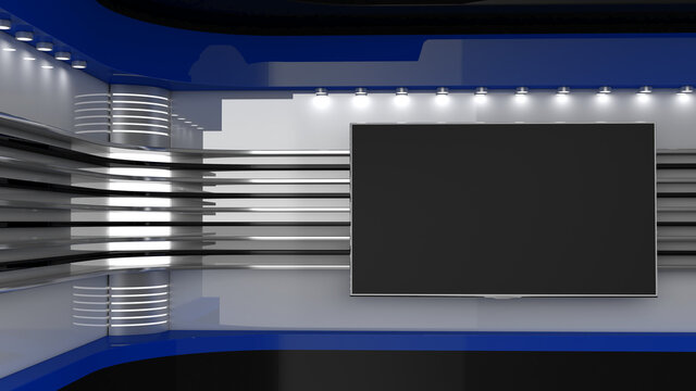Tv Studio. Backdrop for TV shows. TV on wall. News studio. The perfect backdrop for any green screen or chroma key video or photo production. 3D rendering.